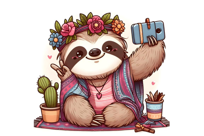 cute-cartoon-sloth-taking-selfie