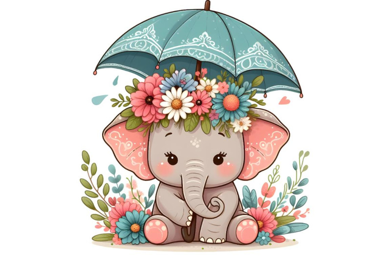 cute-cartoon-elephant-in-an-umbrella-with-flowers