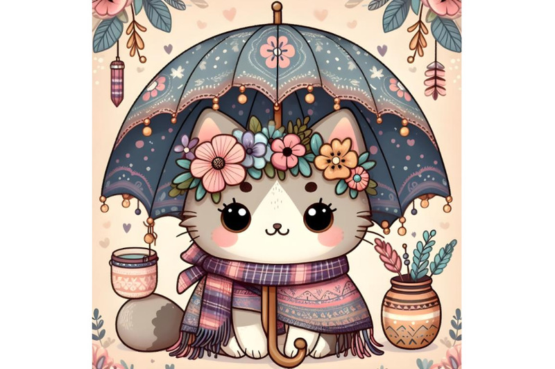 cute-cartoon-cat-in-an-umbrella-with-flowers