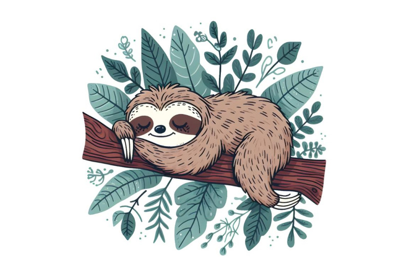 cartoon-sloth-sleeping-on-tree-with-eucalyptus-leaves