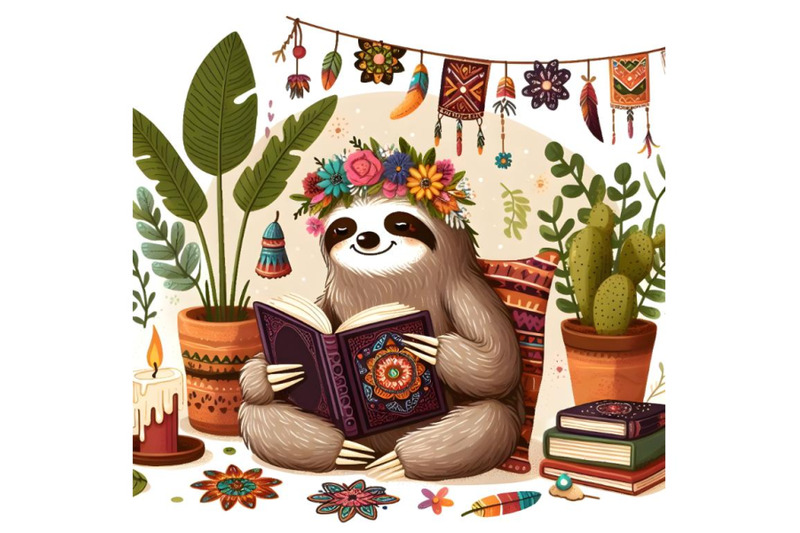 cartoon-sloth-sitting-and-reading-book