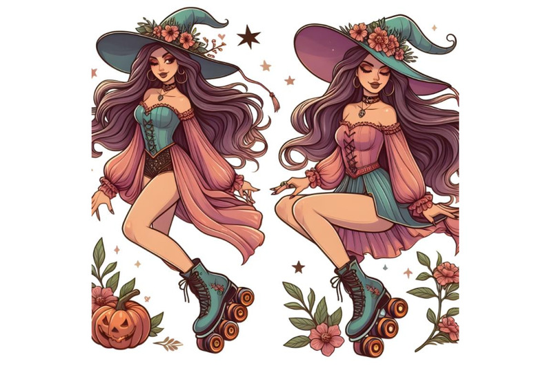 cartoon-beautiful-witch-skating-on-rollers