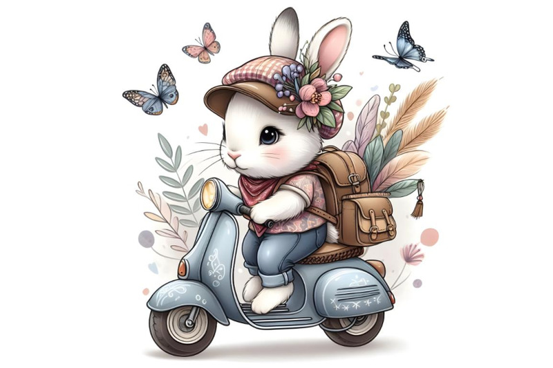 bunny-in-a-cap-with-a-backpack-on-a-scooter