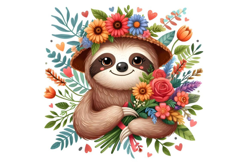 smiling-cute-sloth-holding-bouquet