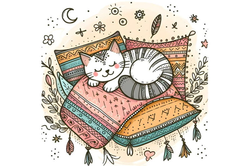 cute-doodle-cat-sleeps-on-the-pillow