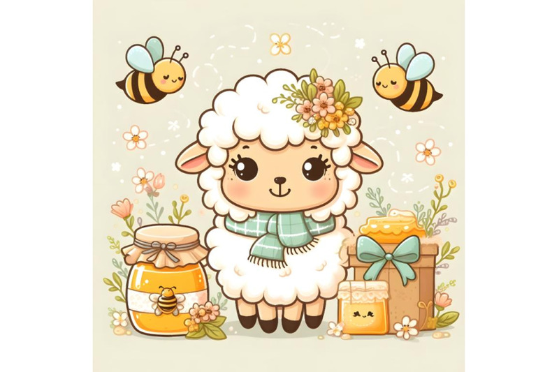 cute-cartoon-sheep-with-honey-and-bee