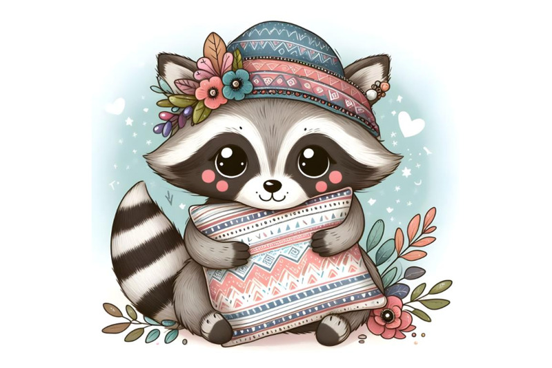 cute-cartoon-racoon-with-pillow