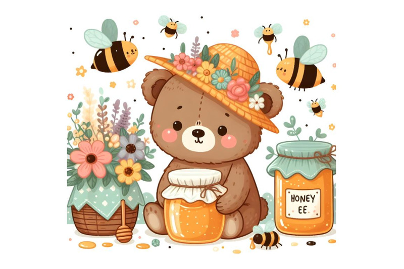 cute-cartoon-bear-with-honey-and-bees