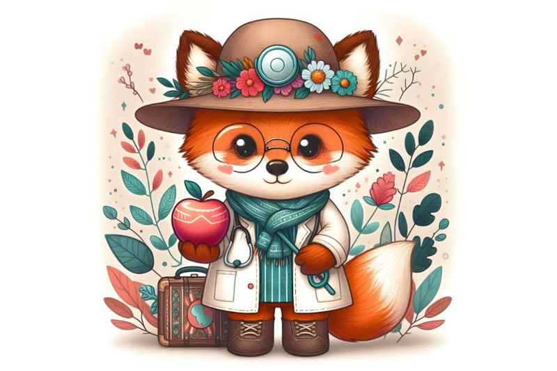 cartoon-teddy-fox-dressed-as-doctor-holding-an-apple