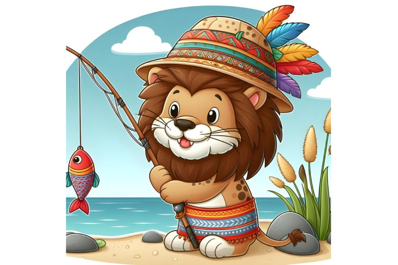 cartoon-lion-fisherman