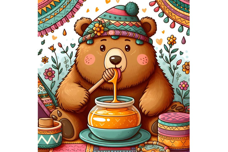 cartoon-bear-eating-honey-with-appetite