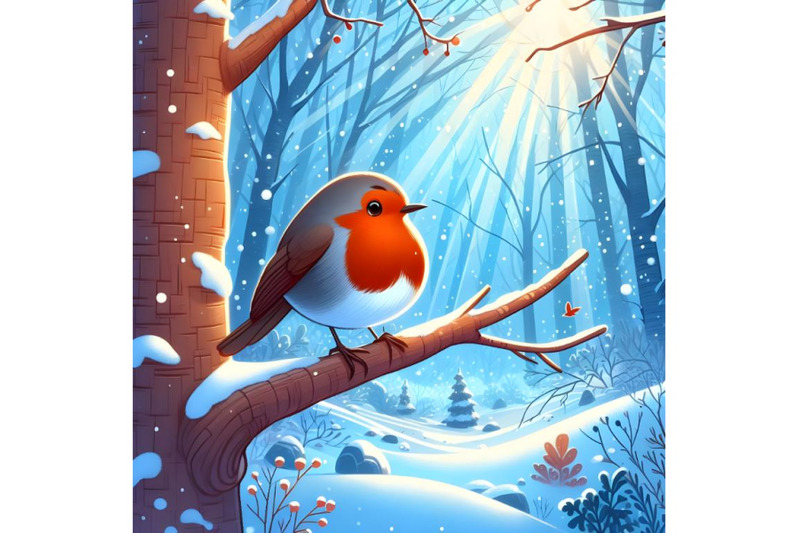 forest-falling-snow-red-capped-robin-bird-sitting-on-tree-blue-sky