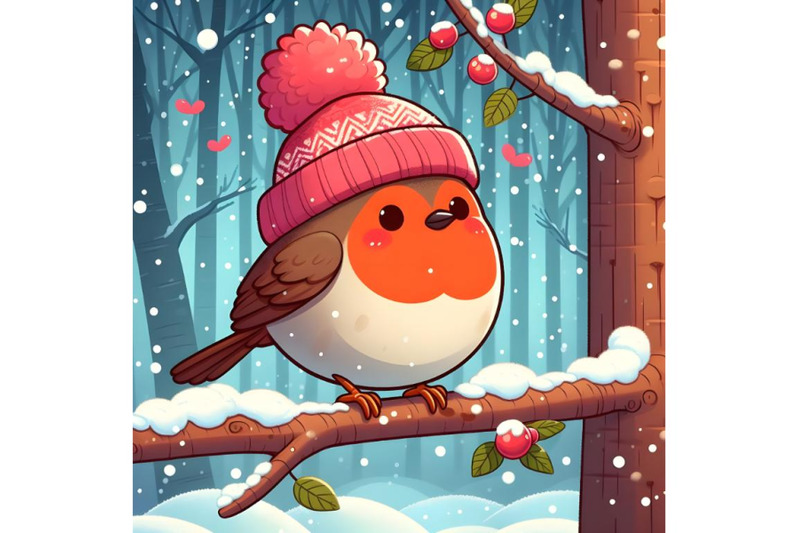 forest-falling-snow-red-capped-robin-bird-in-pink-warm-winter-hat-sitt