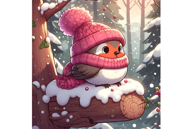 forest-falling-snow-red-capped-robin-bird-in-pink-warm-winter-hat-sitt