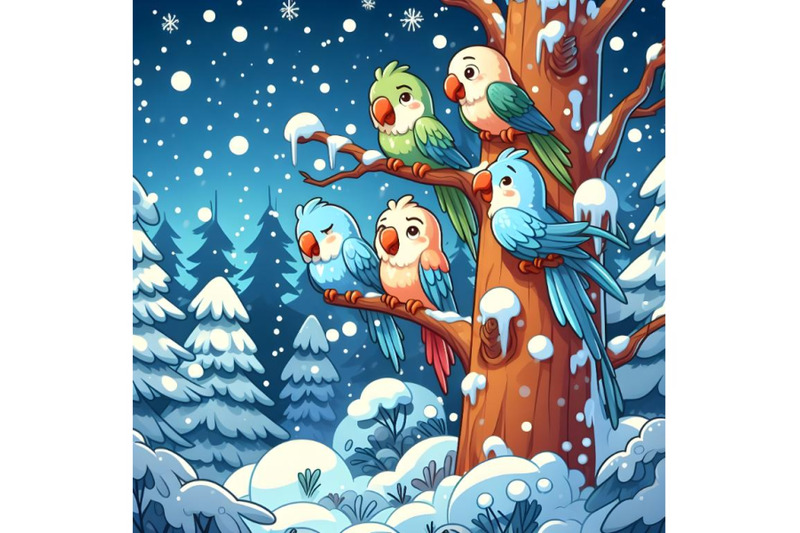 forest-falling-snow-parrots-sitting-on-tree