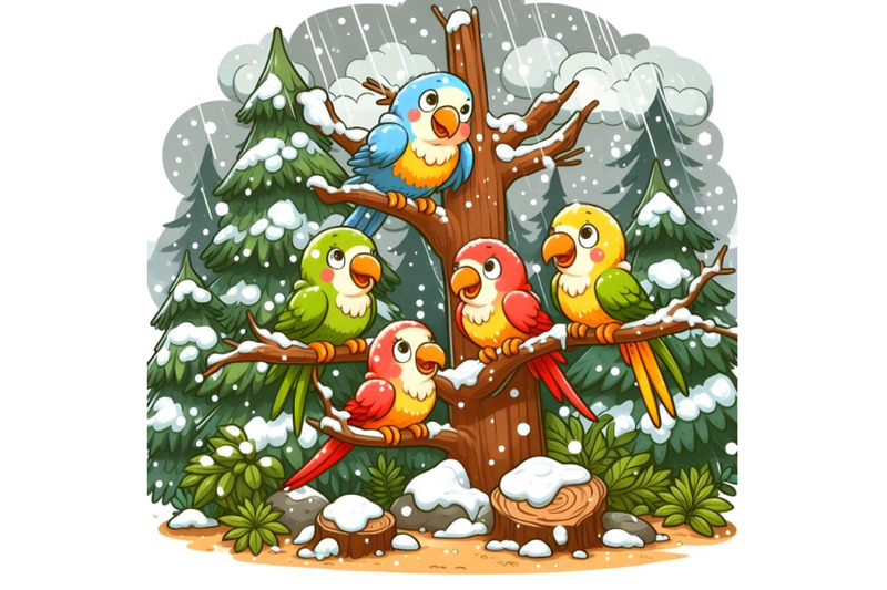 forest-falling-snow-parrots-sitting-on-tree