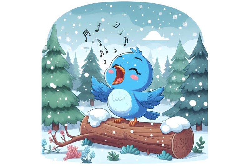 forest-falling-snow-blue-bird-cartoon-singing-on-tree