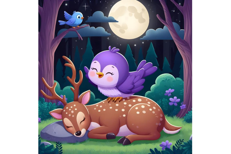 cute-purple-bird-sitting-on-a-sleeping-deer-in-the-forest-background-m