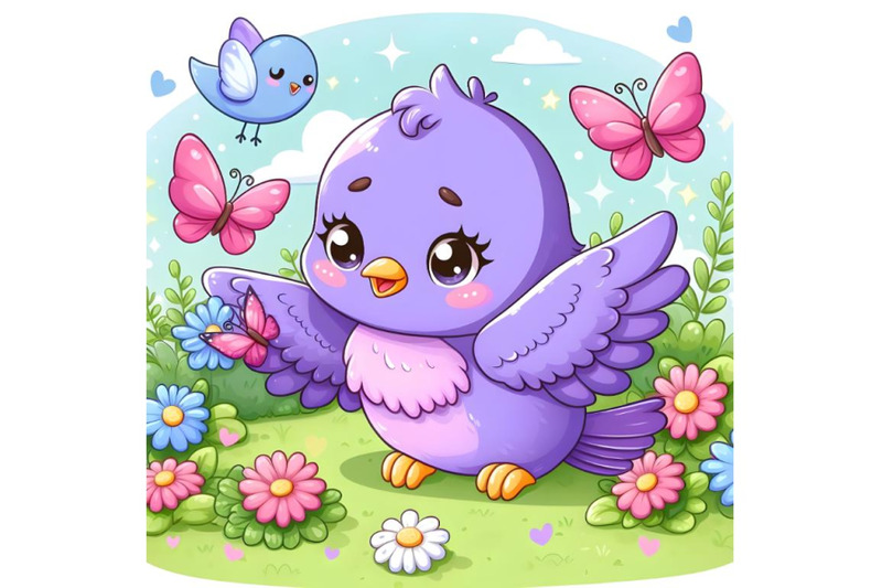 cute-purple-bird-playing-with-little-butterflys-in-the-garden