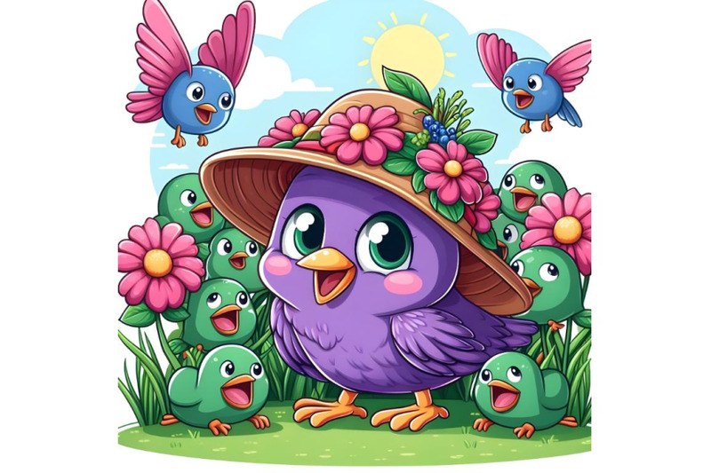 cute-purple-bird-in-a-flower-hat-playing-with-many-grasshop