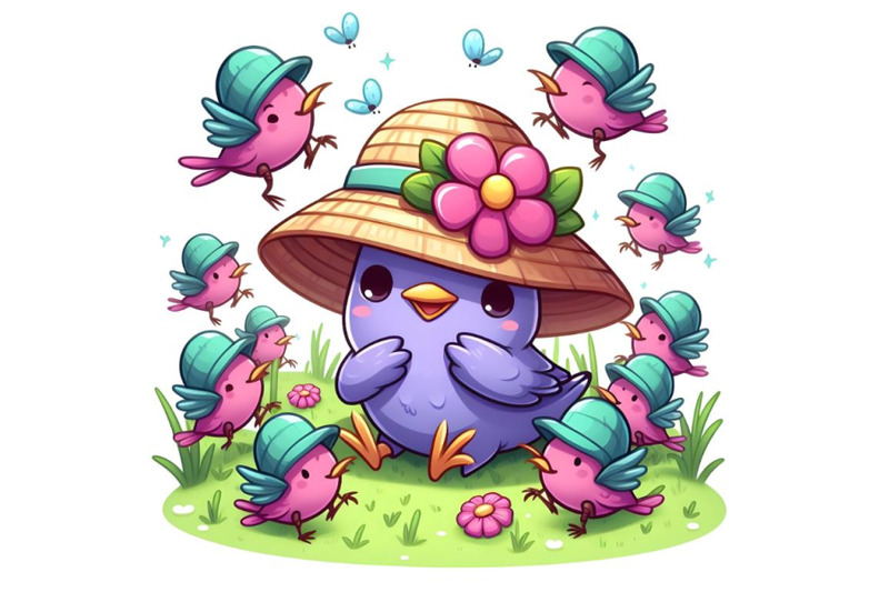 cute-purple-bird-in-a-flower-hat-playing-with-many-grasshop