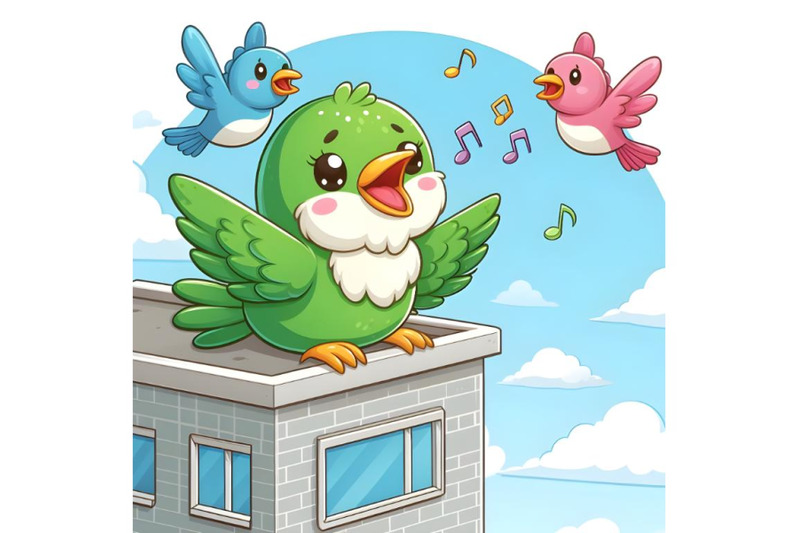 cute-green-hummingbird-bird-singing-on-a-big-building