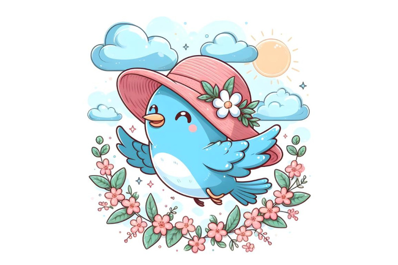 cute-blue-bird-flying-in-straw-pink-hat-with-white-flowers-and-cloud-b