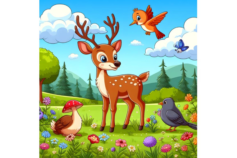 cartoon-deer-with-bird-on-the-meadow