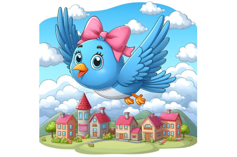 blue-bird-with-a-pink-bow-flying-near-the-town