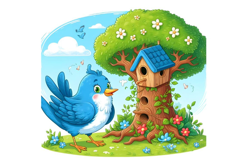 blue-bird-house-on-spring-a-big-tree-with-red-bird