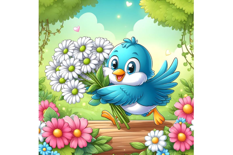 blue-bird-carrying-white-gerbera-flower-garden-background