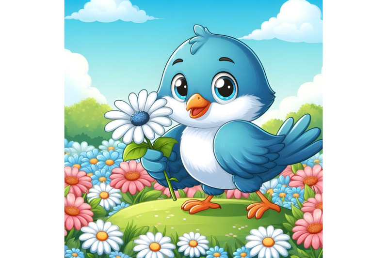 blue-bird-carrying-white-gerbera-flower-garden-background