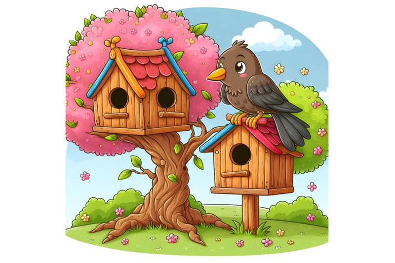 bird-house-on-spring-tree-with-bird