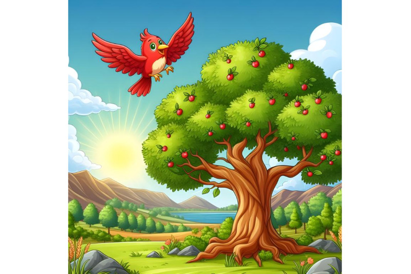 red-bird-flying-on-the-sky-near-a-big-tree