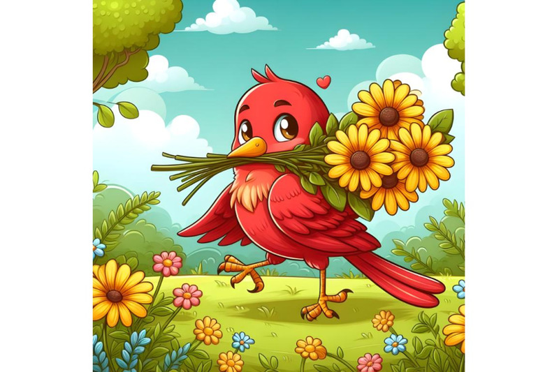 red-bird-carrying-yellow-gerbera-flower-garden-background