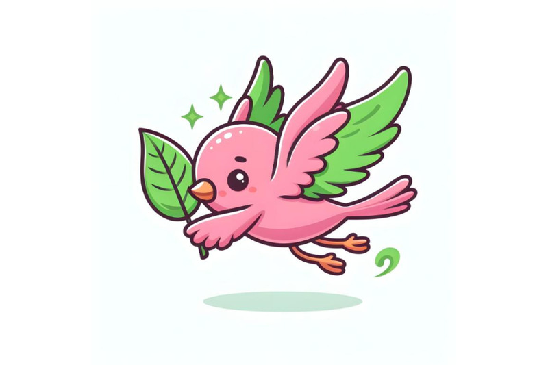 pink-bird-is-flying-with-green-leaf