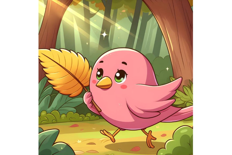 pink-bird-carrying-a-yellow-leaf-forest-background