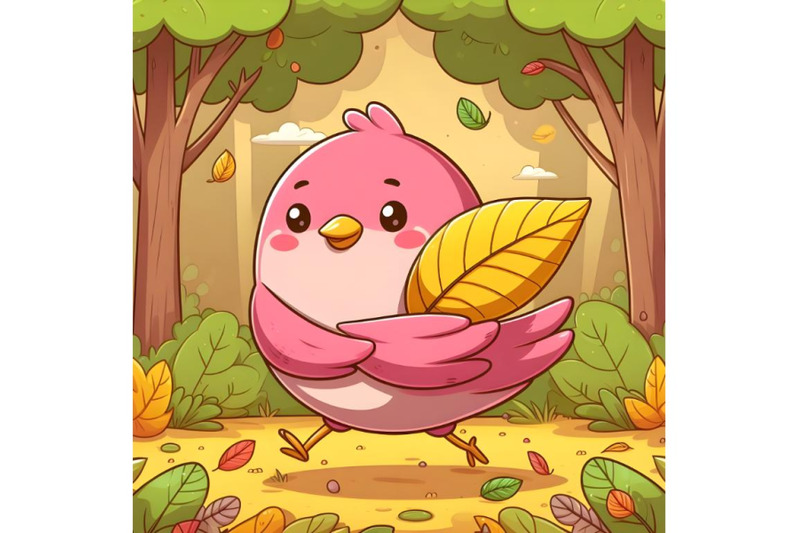 pink-bird-carrying-a-yellow-leaf-forest-background