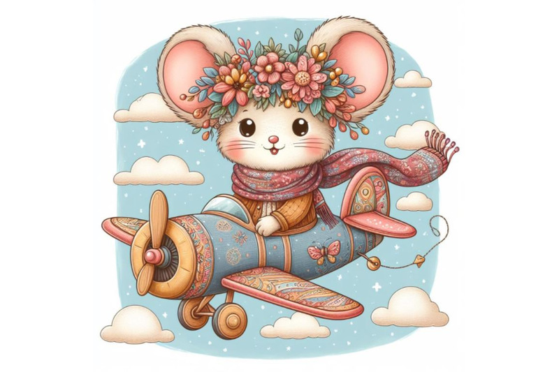 cartoon-teddy-mouse-flying-with-plane