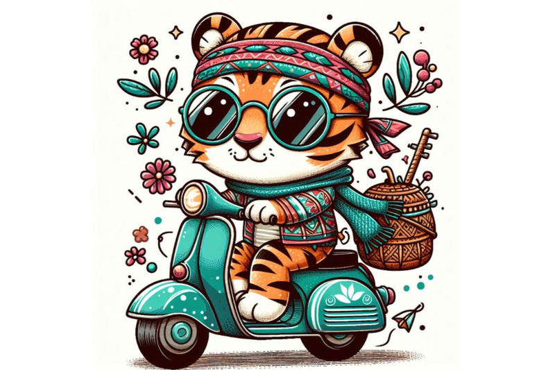 cartoon-tiger-with-sunglasses-riding-scooter