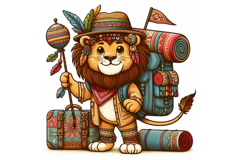 cartoon-lion-tourist-backpacking