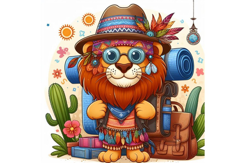 cartoon-lion-tourist-backpacking