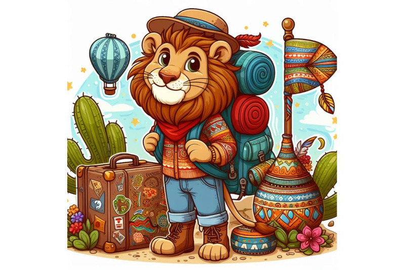 cartoon-lion-tourist-backpacking