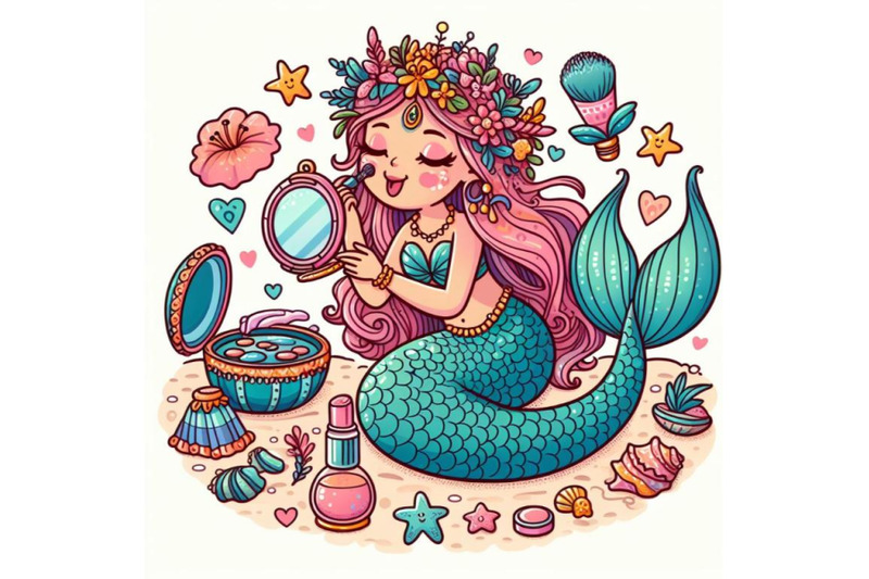 cartoon-mermaid-doing-makeup