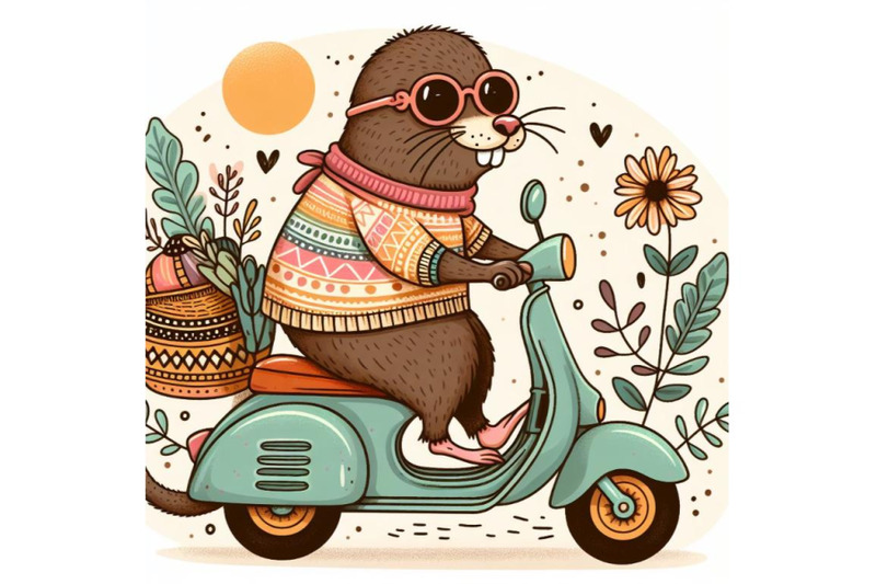 cartoon-mole-with-sunglasses-riding-scooter