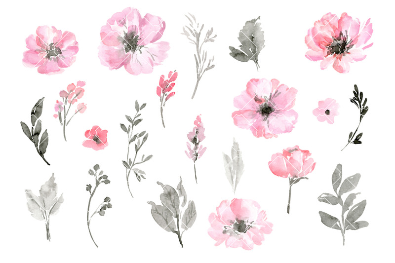 watercolor-pink-flowers-grey-leaves