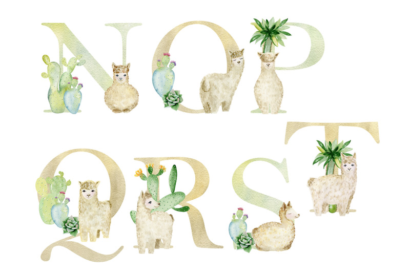 watercolor-alphabet-with-cute-llamas