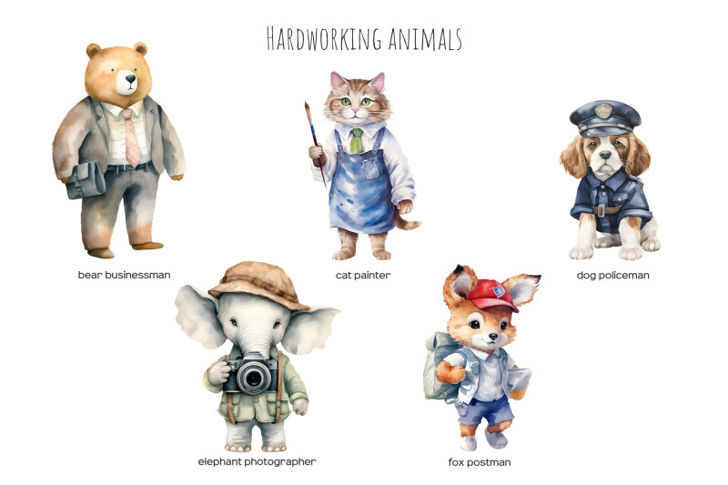 watercolor-professional-animals-clipart-animal-occupations