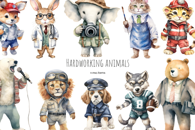 watercolor-professional-animals-clipart-animal-occupations