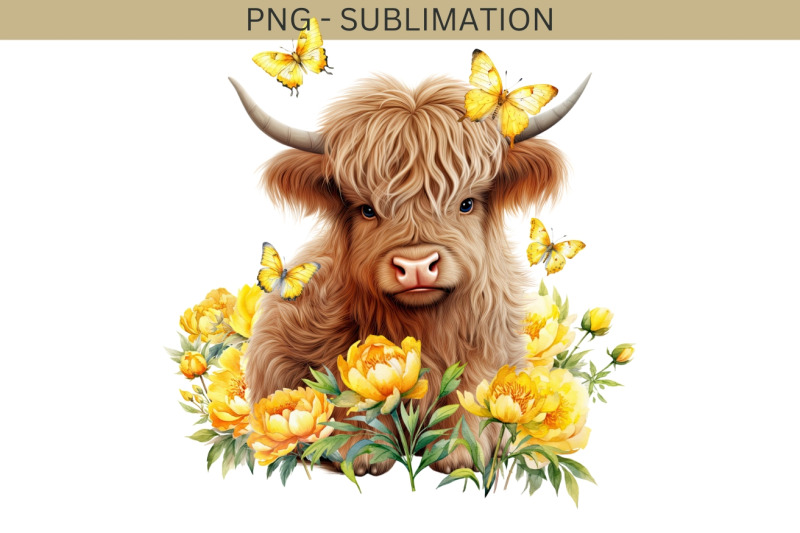 little-cow-with-peonies-highland-cow-printable-art-sublimation-png